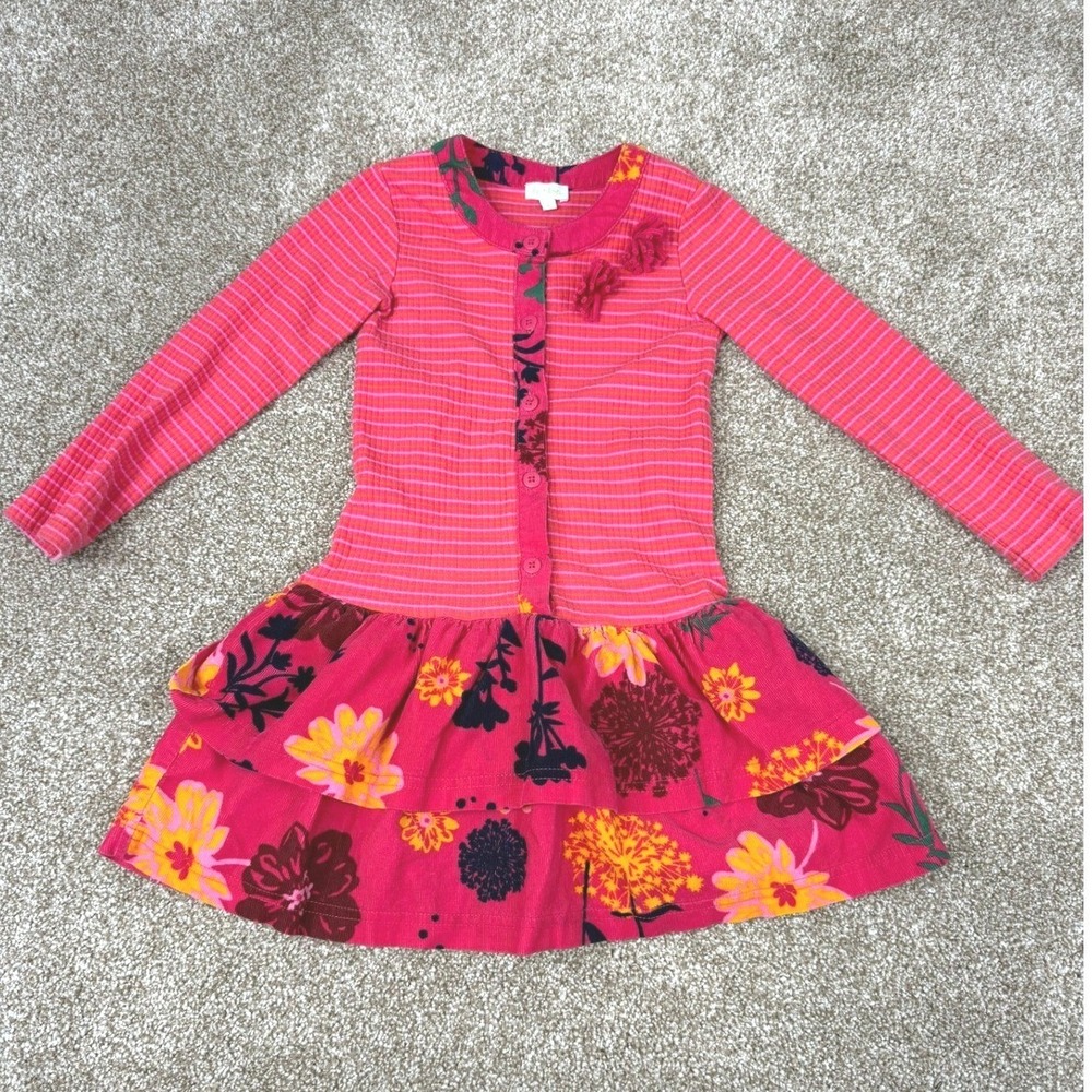 Le Top Girls Dress Pink Orange Striped Floral Tiered Corduroy 4 Retro Vibrant 4T